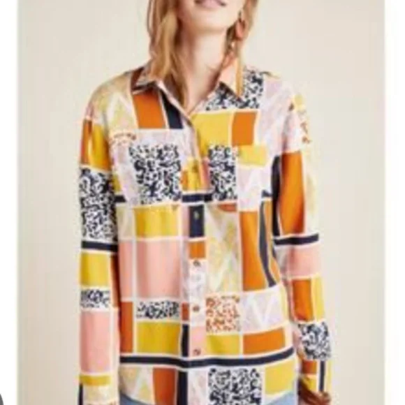 The Odells Lisse Button Down Shirt Size Large geometric Anthropologie Patchwork - Picture 2 of 11